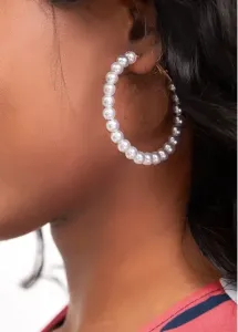 Modlily White Round Design Pearl Detail Earrings - One Size