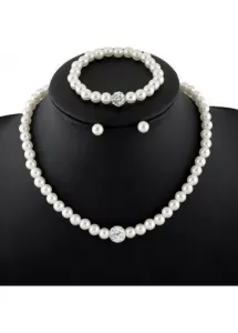 Modlily White Round Rhinestone Detail Pearl Necklace Set - One Size