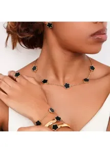 Modlily Black Alloy Four-leaf Clover Necklace and Bracelet Set - One Size