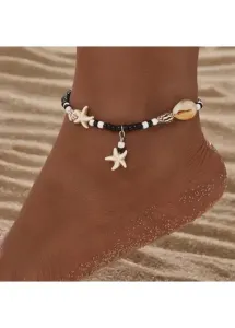 Modlily Black Beaded Seashell Detailed Polyresin Anklet - One Size