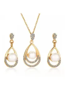 Modlily Gold Alloy Pearl Rhinestone Earrings and Necklace - One Size