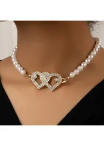 Modlily Gold Heart Alloy Pearl Rhinestone Necklace - One Size