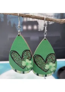 Modlily Green Wood Heart Clover Geometric Earrings - One Size