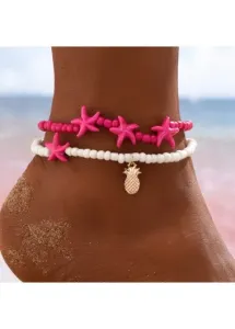 Modlily Hot Pink Pineapple Starfish Beads Anklet Set - One Size