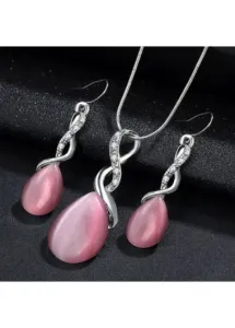 Modlily Pink Alloy Waterdrop Rhinestone Earrings and Necklace - One Size