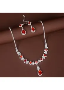 Modlily Red Geometric Waterdrop Rhinestone Earrings and Necklace - One Size
