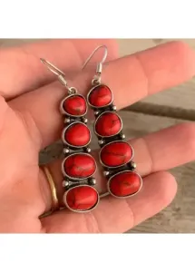 Modlily Red Metal Vintage Design Oval Earrings - One Size