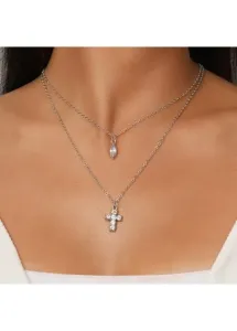 Modlily Rhinestone Silvery White Cross Alloy Necklace - One Size