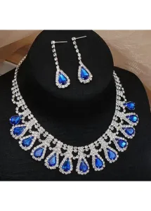 Modlily Royal Blue Crystal Waterdrop Rhinestone Earrings and Necklace - One Size