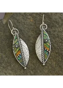 Modlily Silver Beaded Leaf Design Metal Earrings - One Size