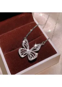 Modlily Silvery White Rhinestone Butterfly Copper Necklace - One Size