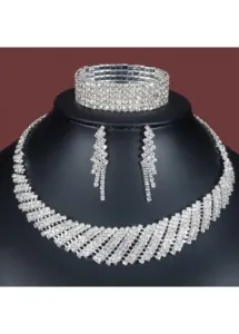 Modlily Silvery White Rhinestone Copper Necklace and Bracelet Set - One Size