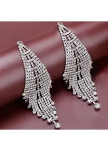 Modlily Silvery White Tassel Rhinestone Rhombic Earrings - One Size