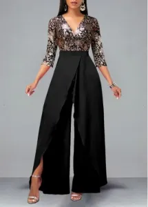 Modlily Black Lace Patchwork Floral Print Jumpsuit - XXL