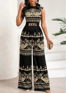 Modlily Black Patchwork Tribal Print Long Sleeveless Stand Collar Jumpsuit - S