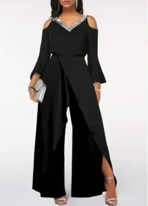 Modlily Black Sequin Long Sleeve V Neck Jumpsuit - M