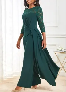 Modlily Blackish Green Lace Stitching 3/4 Sleeve Jumpsuit - L
