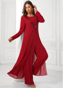 Modlily Deep Red Sequin Round Neck Jumpsuit and Cardigan - L