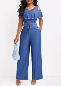 Modlily Denim Blue Ruffle Ankle Length Short Sleeve Jumpsuit - XXL