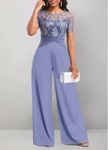 Modlily Dusty Blue Lace Long Short Sleeve Jumpsuit - XL