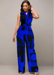 Modlily Royal Blue Pocket Geometric Print Sleeveless Jumpsuit - S