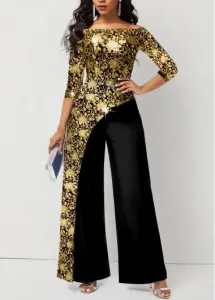 Modlily Golden Hot Stamping Floral Print 3/4 Sleeve Jumpsuit - M