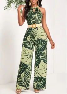 Modlily Green Cut Out Leaf Print Long Sleeveless Jumpsuit - XL