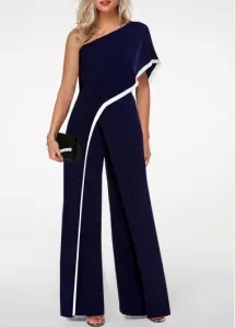 Modlily Navy Blue Jumpsuit One Shoulder Jumpsuit Contrast Trim Jumpsuit for Women - XXL
