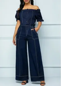 Modlily Navy Button Long Belted Short Sleeve Jumpsuit - S