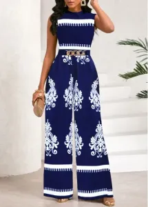 Modlily Navy Chain Tribal Print Long Sleeveless Stand Collar Jumpsuit - M
