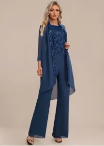 Modlily Navy Patchwork Long Sleeveless Round Neck Jumpsuit and Cardigan - M