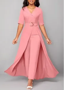 Modlily Pink Belted Short Sleeve V Neck Jumpsuit - L