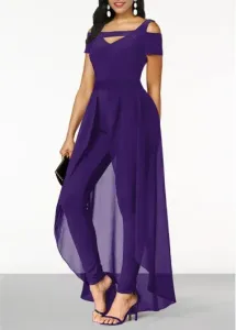 Modlily Purple Cold Shoulder Short Sleeve Jumpsuit - L