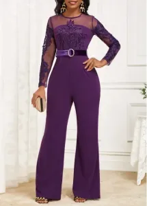 Modlily Purple Velvet Long Belted Round Neck Jumpsuit - L