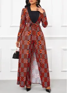 Modlily Red Layered Geometric Print Long Belted Square Neck Jumpsuit - S