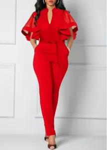 Modlily Red Mesh Belted Short Sleeve Jumpsuit - M