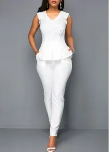 Modlily V Neck Peplum Sleeveless White Jumpsuit - XL