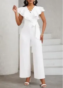 Modlily White Surplice Ankle Length Belted Short Sleeve Jumpsuit - L
