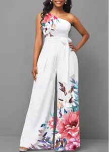 Modlily White Tie Floral Print Long Belted Sleeveless Jumpsuit - S