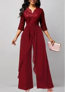 Modlily Wine Red Lace Patchwork Long Jumpsuit - S