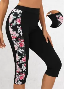 Modlily Black Floral Print High Waisted Capri Elastic Waist Leggings - S #1330386