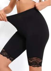 Modlily Black High Waisted Short Elastic Waist Lace Stitching Leggings - XL