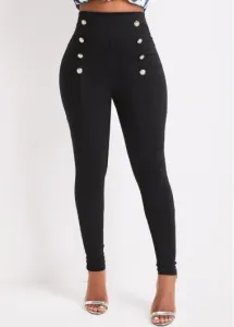 Modlily Black Button Skinny Elastic Waist High Waisted Pants - XL #1218637