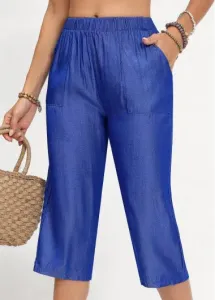 Modlily Denim Blue Double Side Pockets Elastic Waist Pants - 2XL