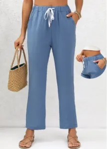 Modlily Denim Blue Double Side Pockets Elastic Waist Pants - L #1328344