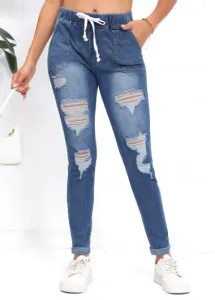 Modlily Denim Blue Pocket Skinny Elastic Waist High Waisted Jeans - 2XL