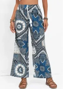 Modlily Denim Blue Tassel Tribal Print Elastic Waist Pants - S