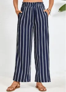 Modlily Navy Double Side Pockets Striped Elastic Waist Pants - 2XL