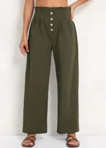 Modlily Olive Green Button Elastic Waist High Waisted Pants - L