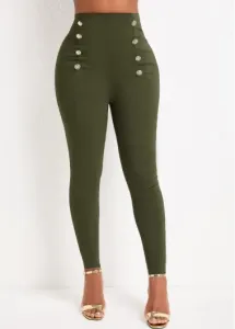 Modlily Olive Green Button Skinny Elastic Waist High Waisted Pants - L